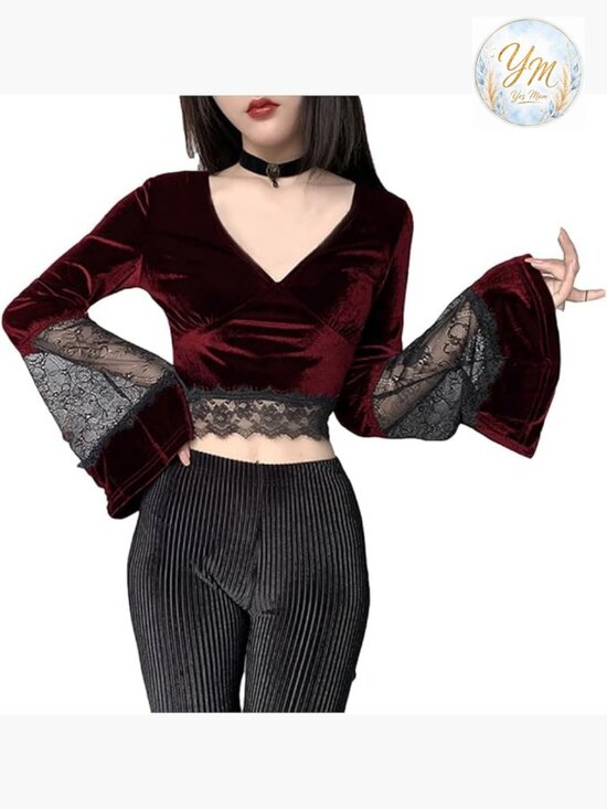 Tops - Gothic Velvet Lace Patchwork Crop Top Long Sleeve V Neck